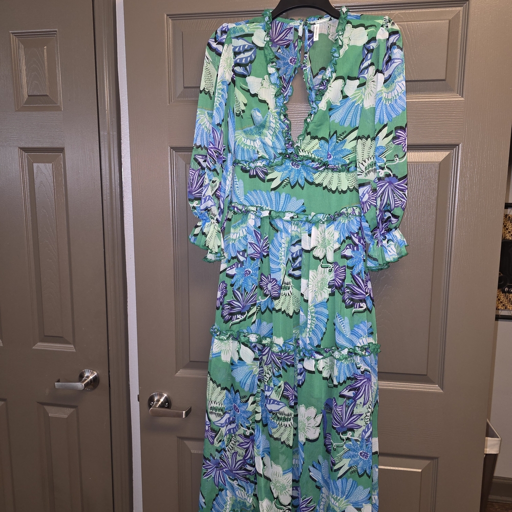 Floral Green and Purple Open Back Maxi Dress-Small